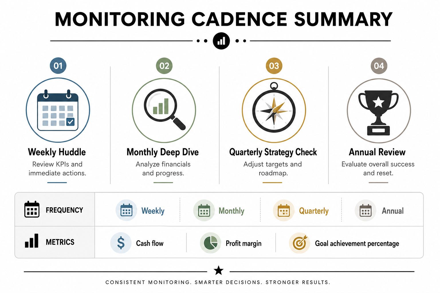 A four-step monitoring cadence summary infographic featuring weekly, monthly, quarterly, and annual business performance review cycles.