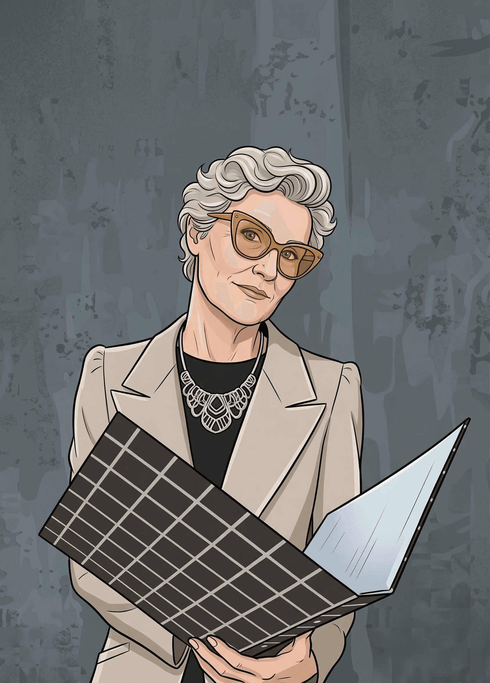 Illustrated headshot of Janet Whitfield with grey wavy hair, wearing gold-framed glasses, beige blazer and statement necklace, holding architectural plans against a textured grey background.