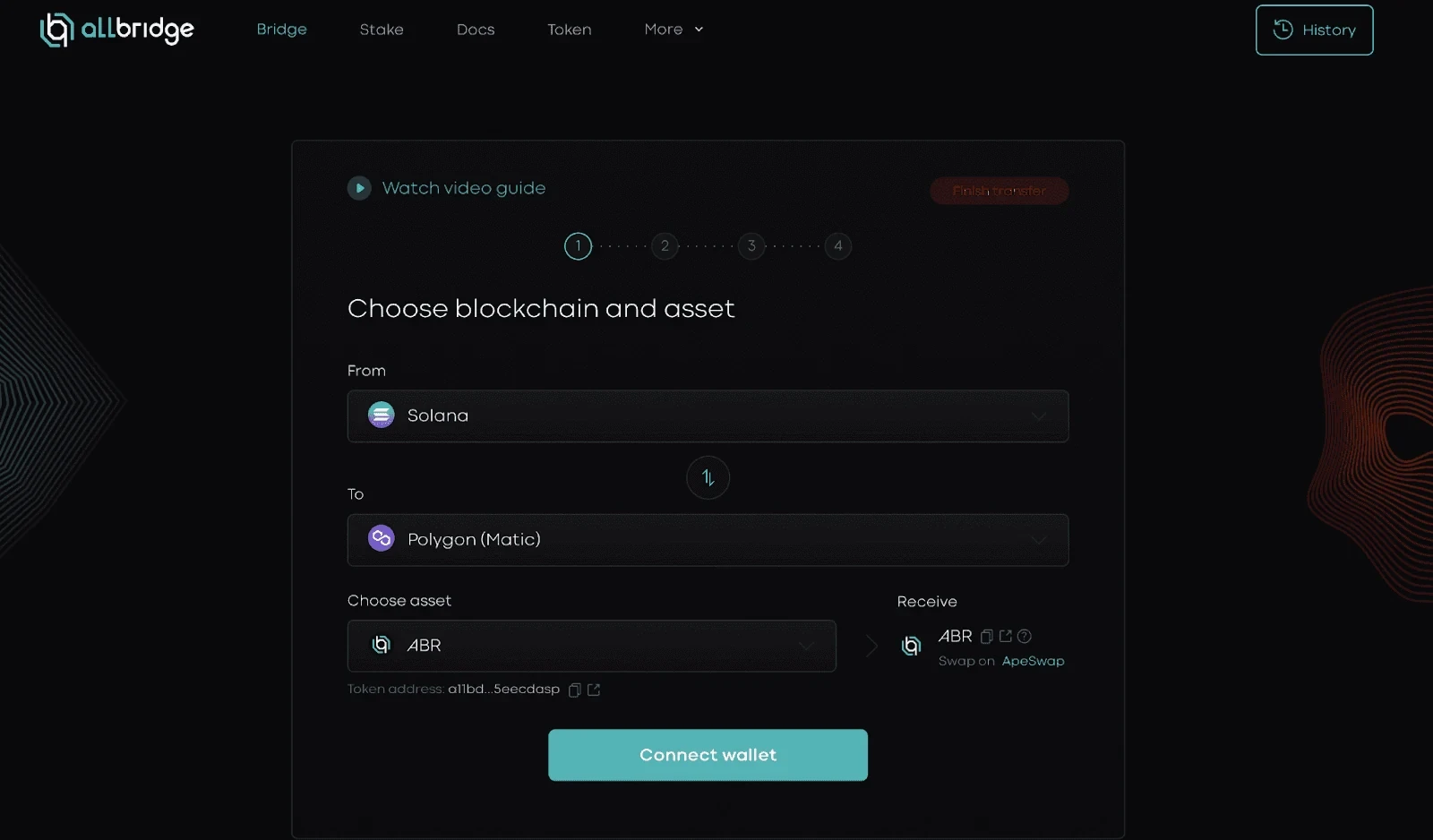 Allbridge step one blockchain selection form with Solana to Polygon route