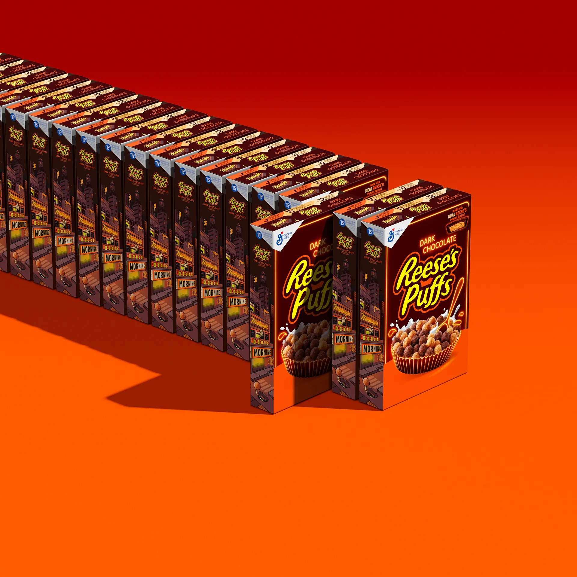 Reese's Puffs Dark Chocolate 3D render, repeating box lineup perspective view, orange background