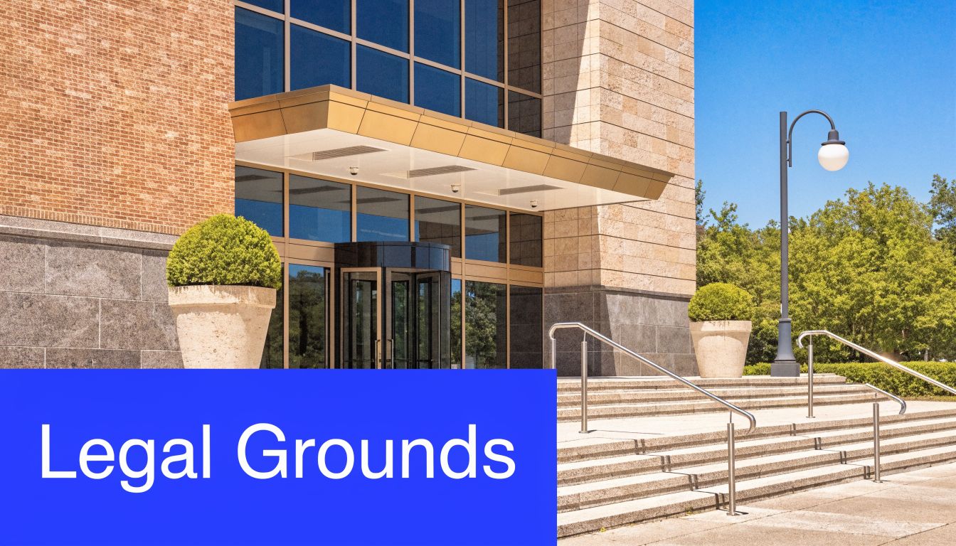 The entrance of a modern office building with stone steps and planters under a blue sky.