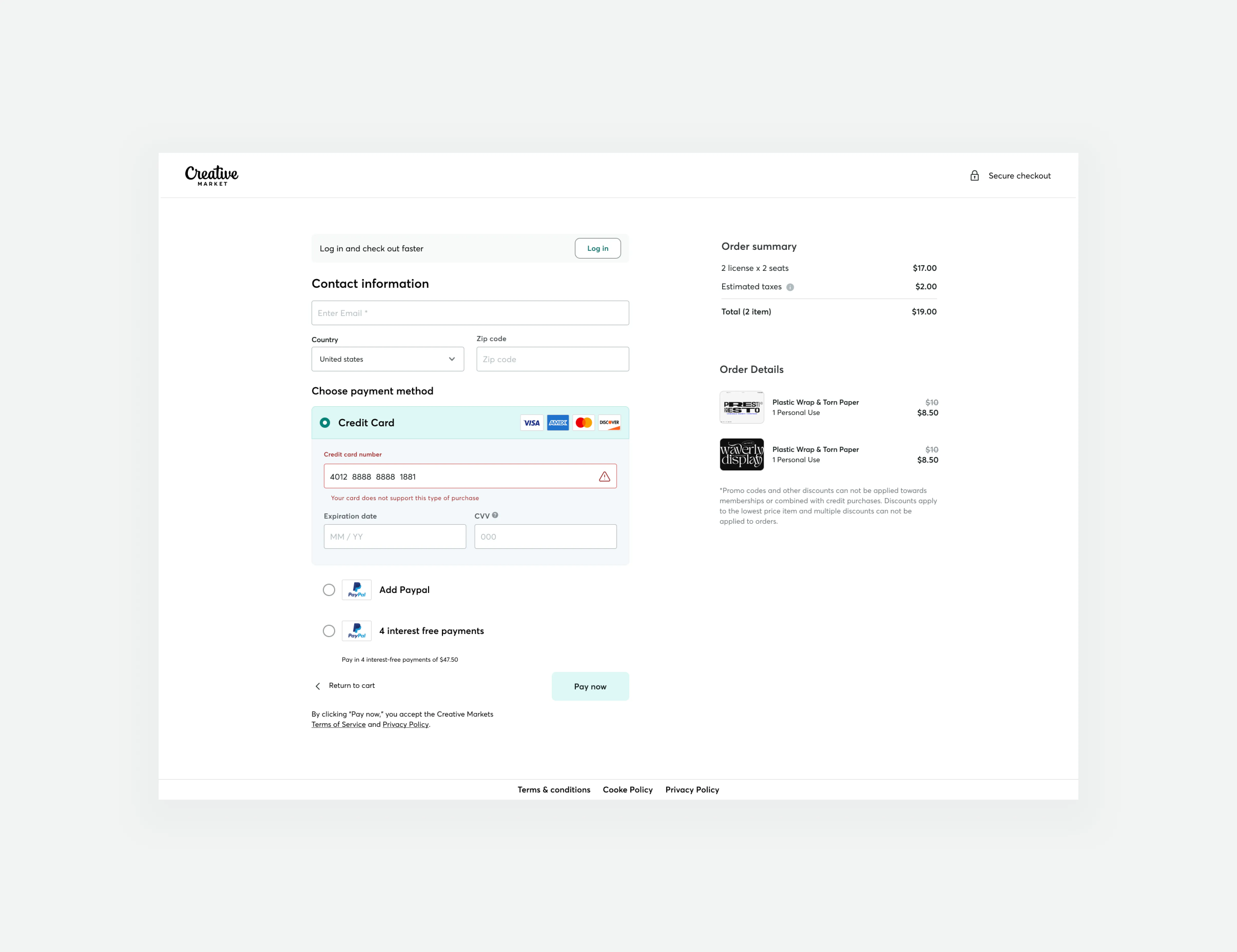 Guest Checkout with error state highlighted