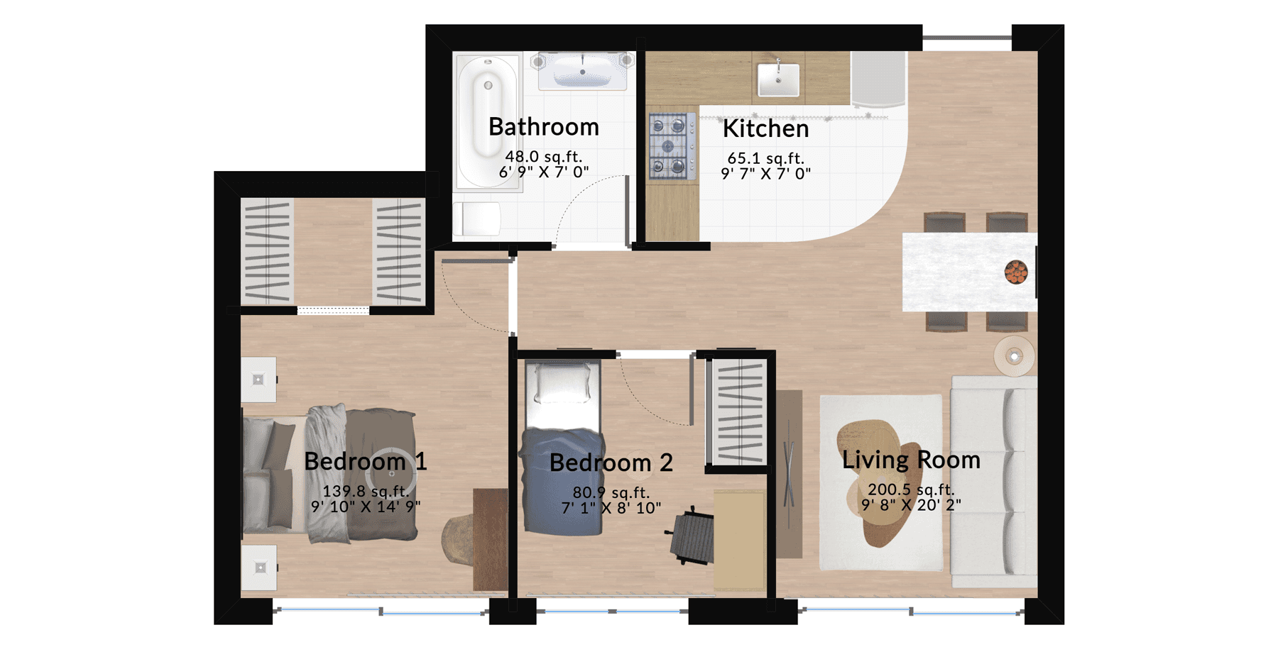 Furnished two-bedroom apartment floor plan with furniture layout for living room, bedrooms, kitchen, and bathroom.