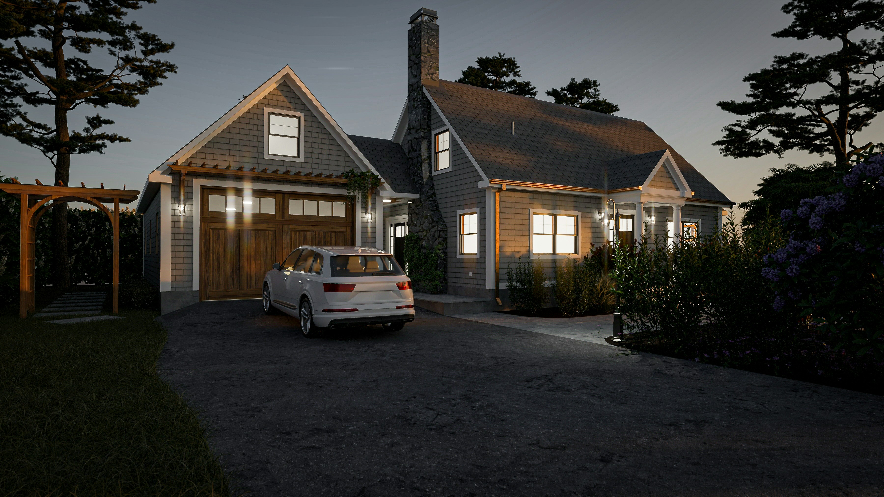 Evening architectural render of a suburban house with a garage, parked car, lit windows, garden landscaping, and dusk lighting.