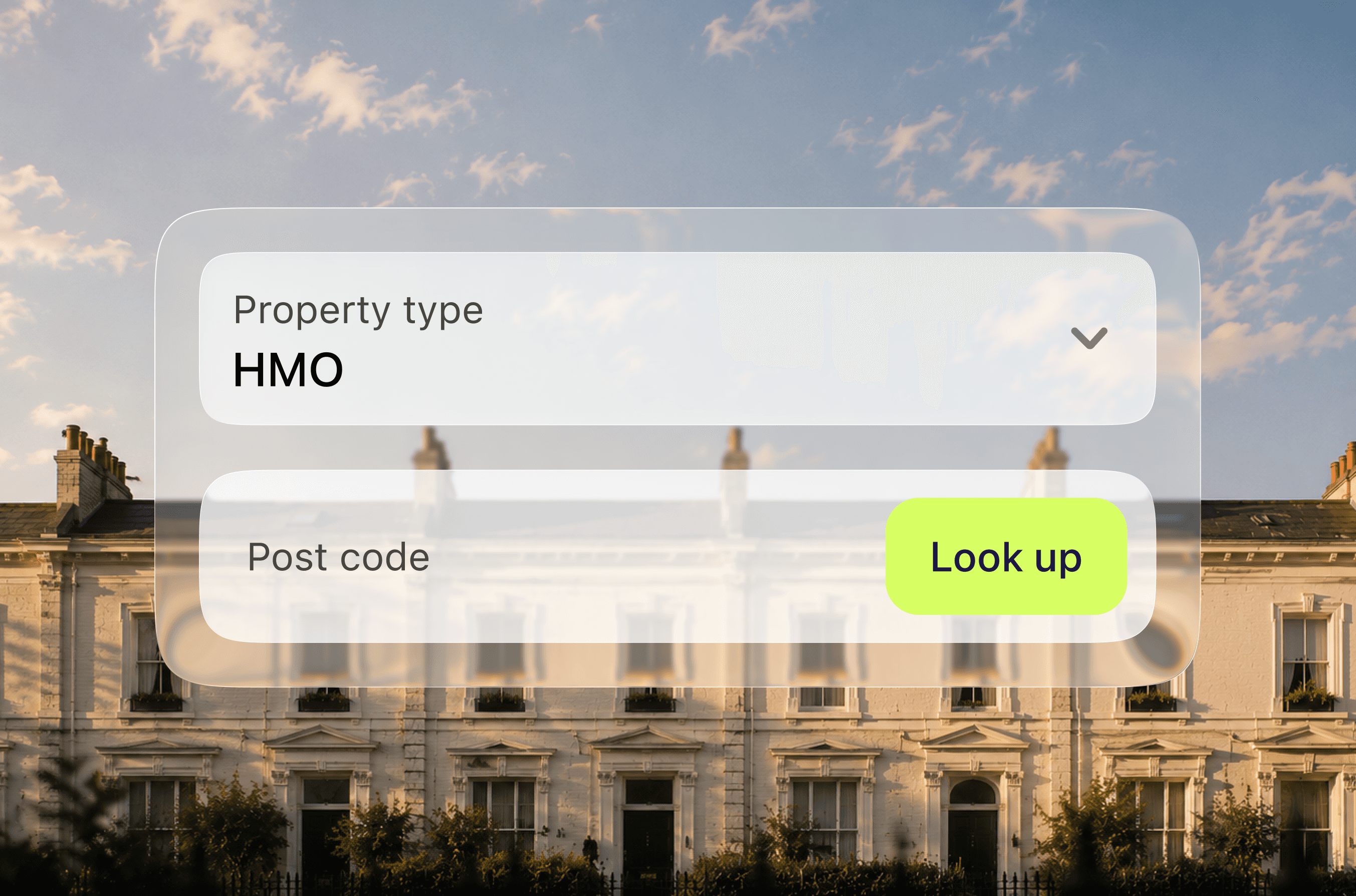 Adding an HMO property in August by entering the property type and postcode, set against a UK Victorian terraced street at golden hour.