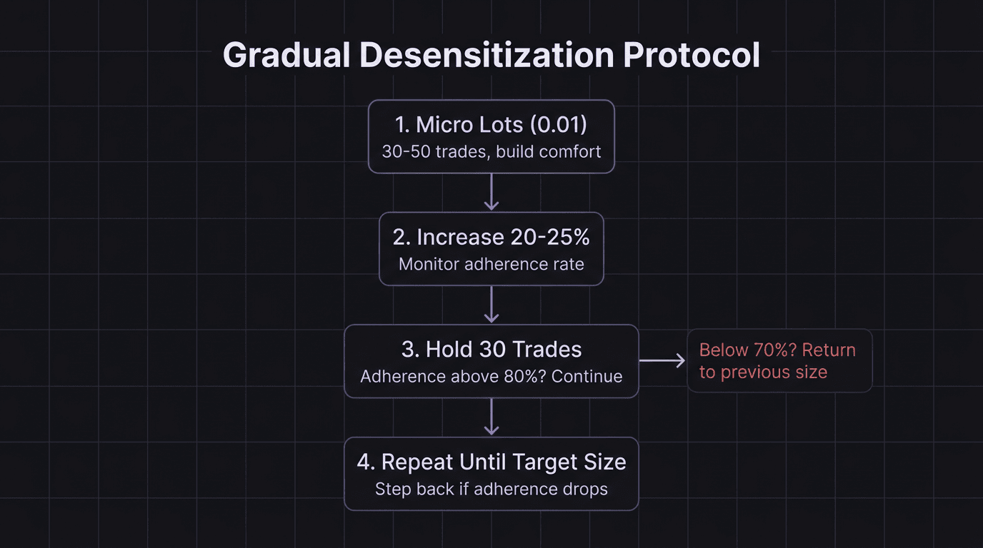 Flowchart showing the four-step desensitization protocol from micro lots to full size