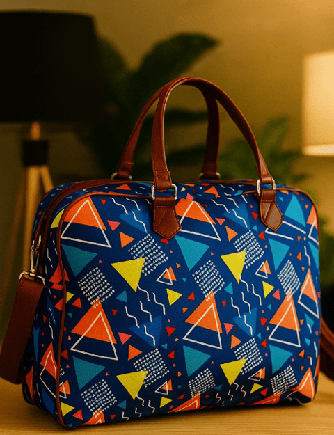 Handcrafted geometric print travel and gym duffle bag in blue multicolor design