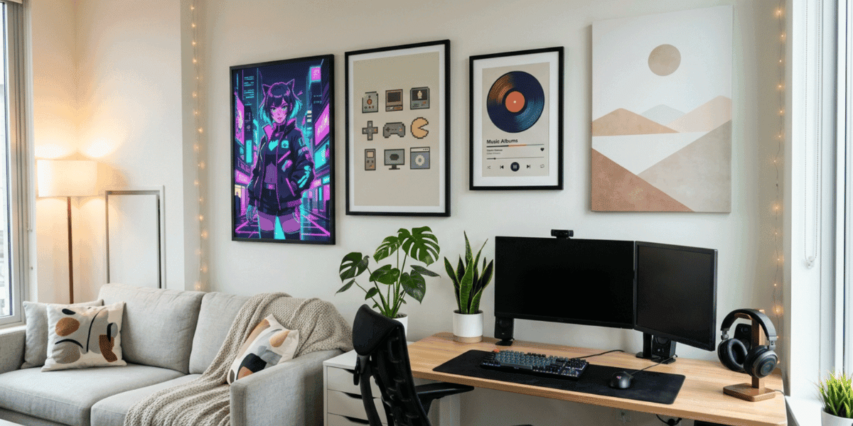 Home office decorated with posters, plants, cushions, and a gaming setup