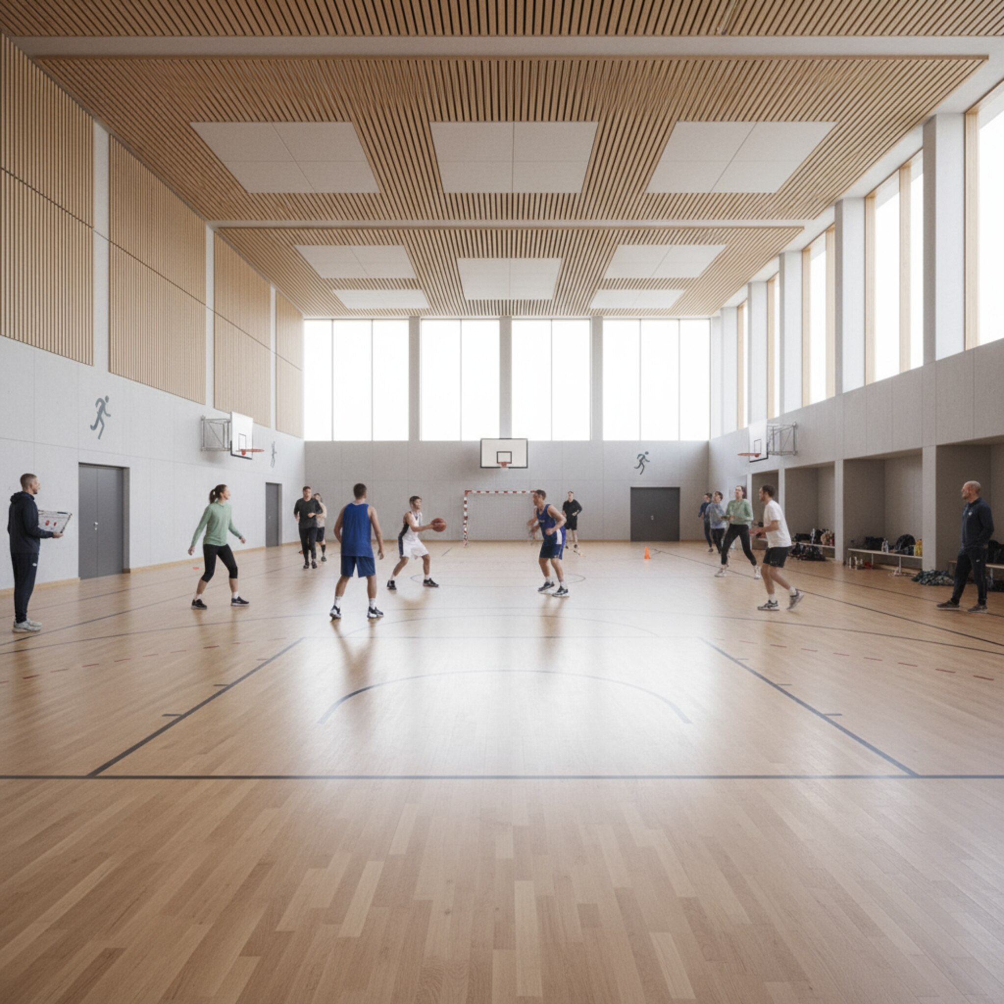 Innenansicht einer modernen Mehrzweckhalle mit mehreren markierten Spielfeldern, Teams beim Training, Kabinenzugänge sichtbar, natürliche Beleuchtung, realistische Fotografie