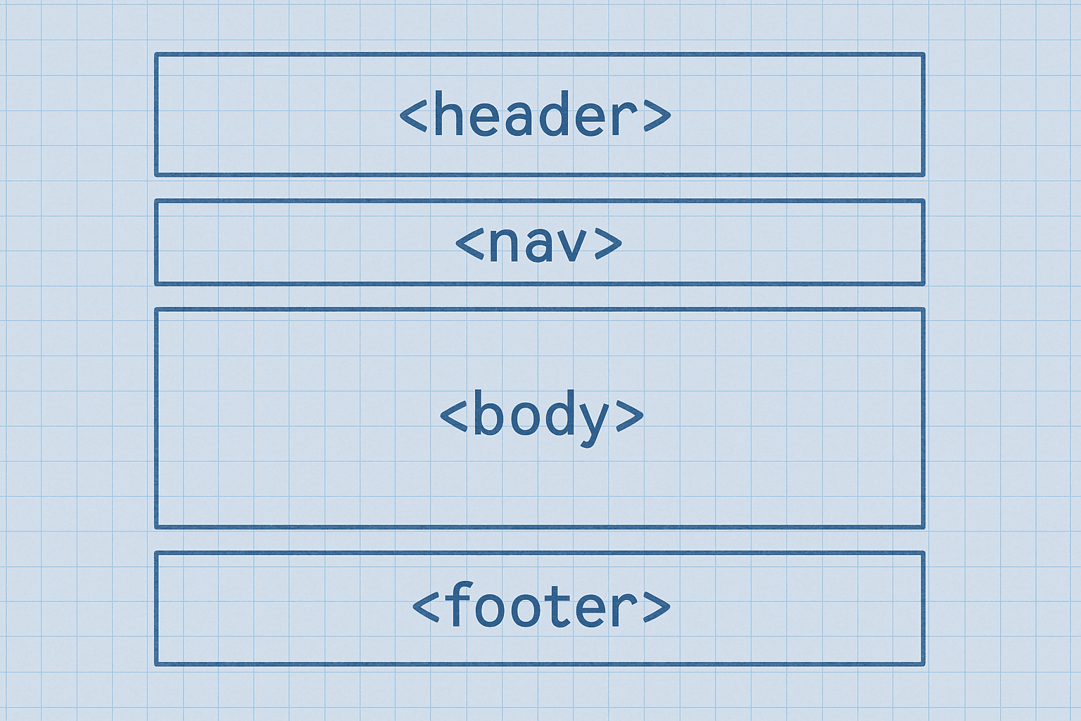 Blue background featuring the words html, nav, body, and footer in a clear, modern font.
