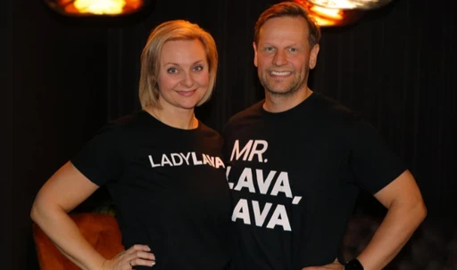 Lava Show founders Ragnhildur Ágústsdóttir and Júlíus Ingi Jónsson wearing Lady Lava and Mr. Lava Lava T-shirts.