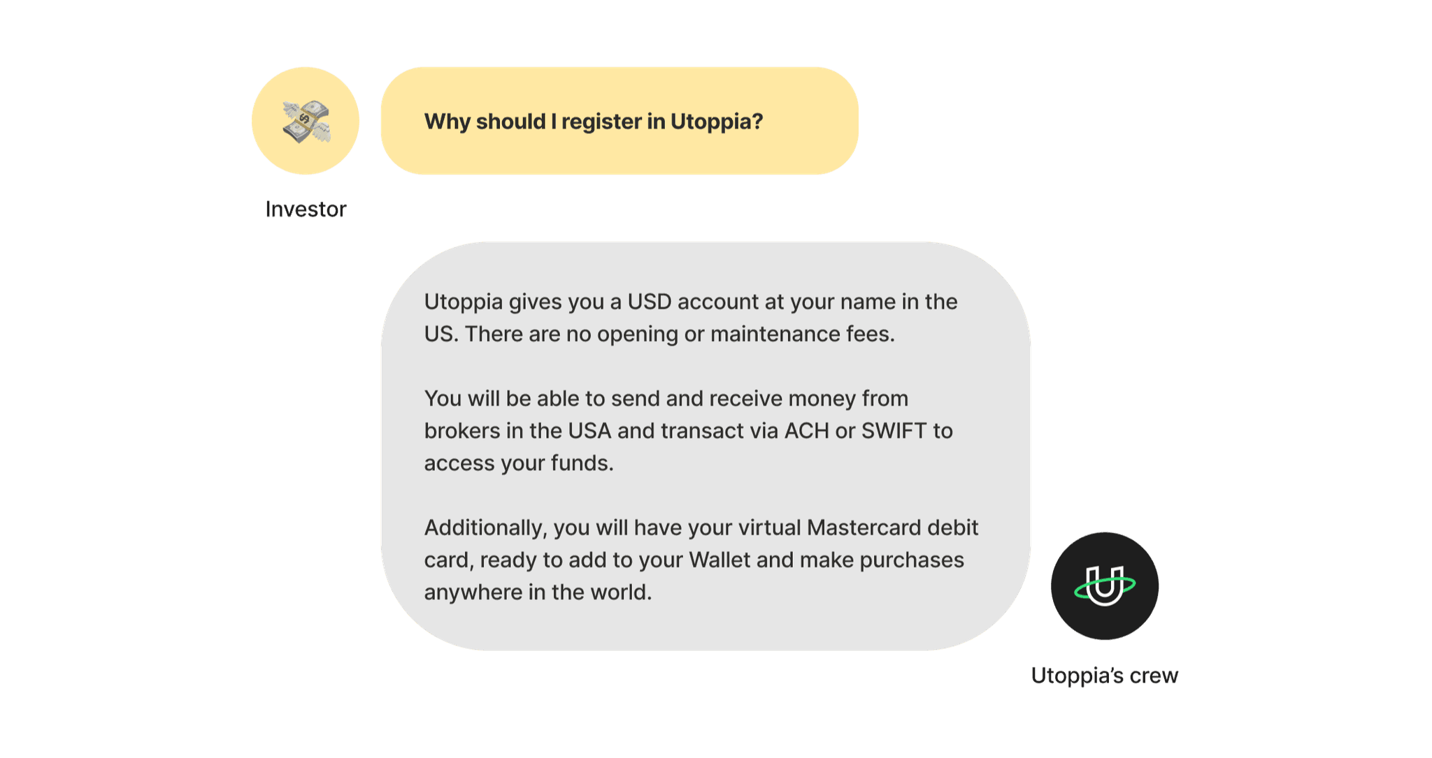 Chat conversation with the investor persona explaining the benefits of registration in a conversational tone.