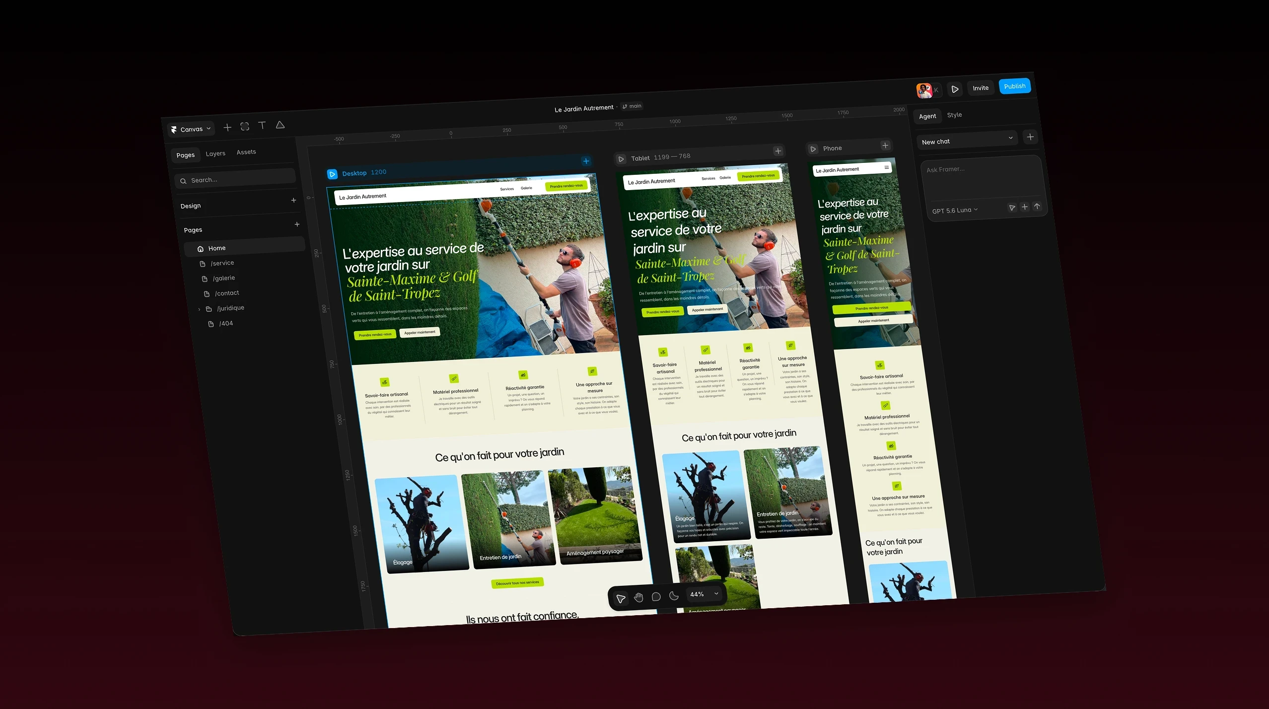 Le site Le Jardin Autrement ouvert dans l’éditeur Framer, avec ses versions ordinateur, tablette et mobile