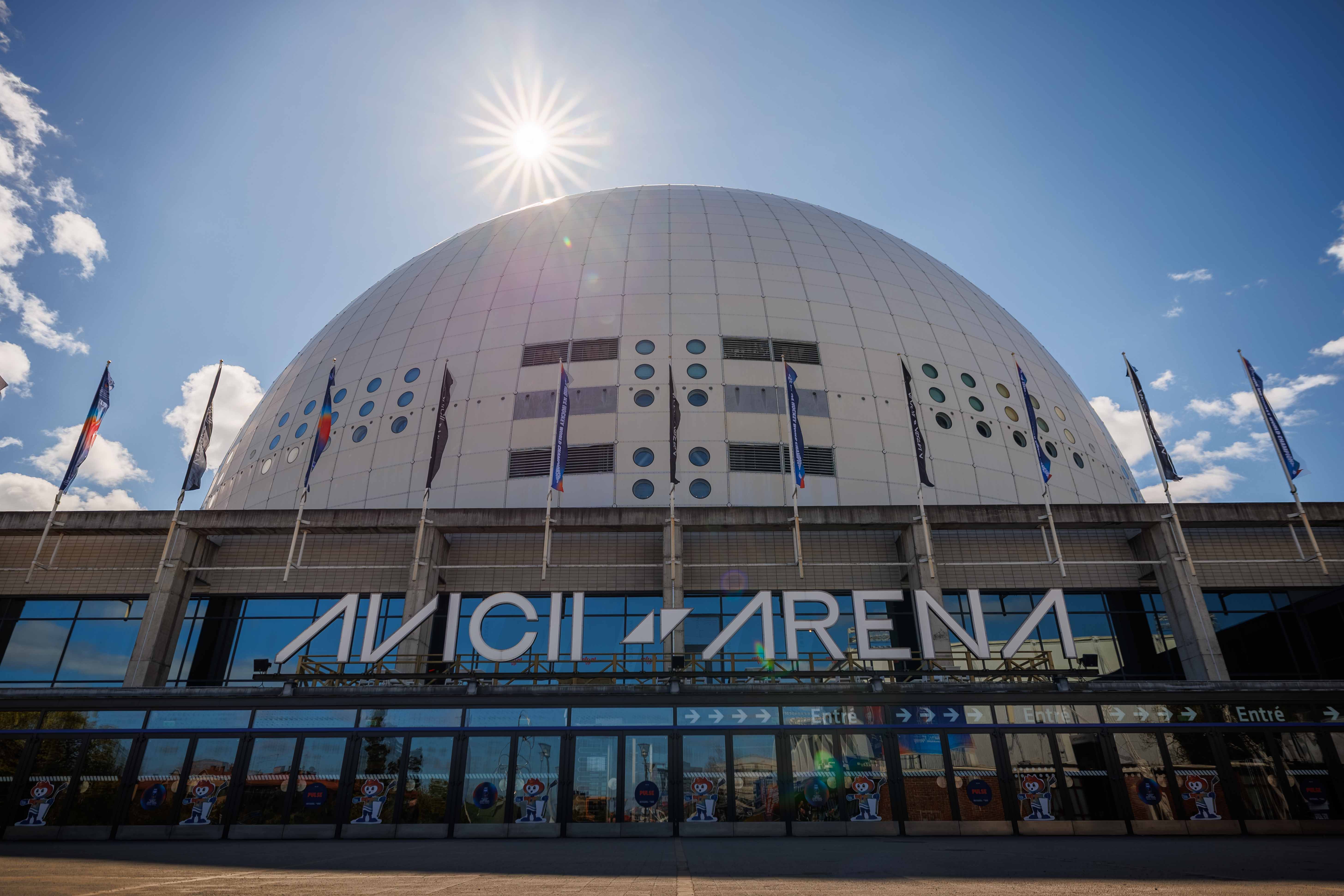 Exterior view of Avicii Arena in Stockholm, Sweden, one of the main venues for the IIHF Ice Hockey World Championship 2025.