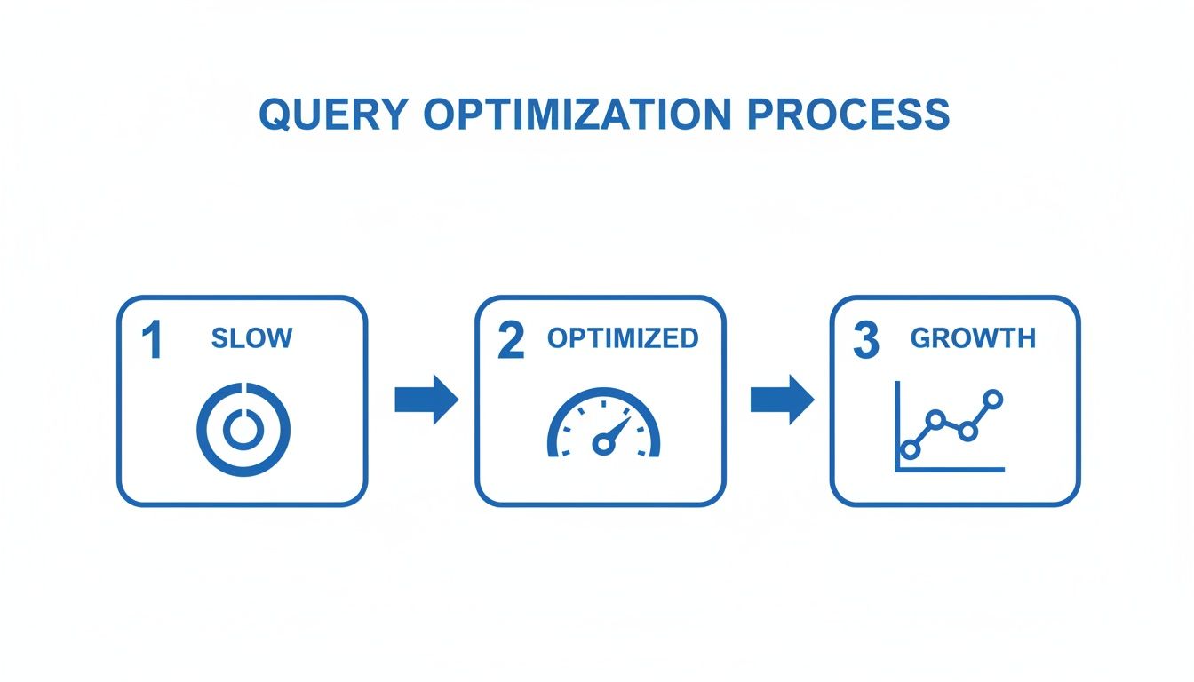 A diagram illustrating the query optimization process from slow performance to optimized speed and growth.