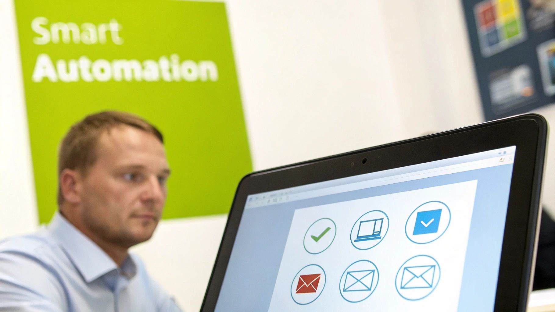A man focused on a laptop screen displaying various automation process icons, with a 'Smart Automation' sign.