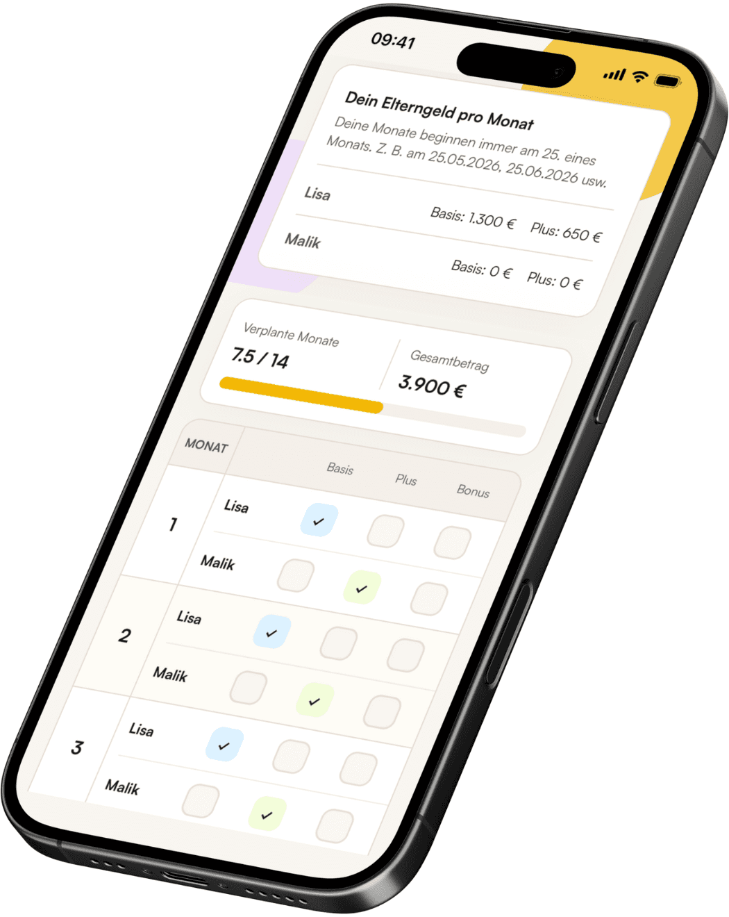 App-Screenshot, der den Elterngeldplaner in der formie App zeigt