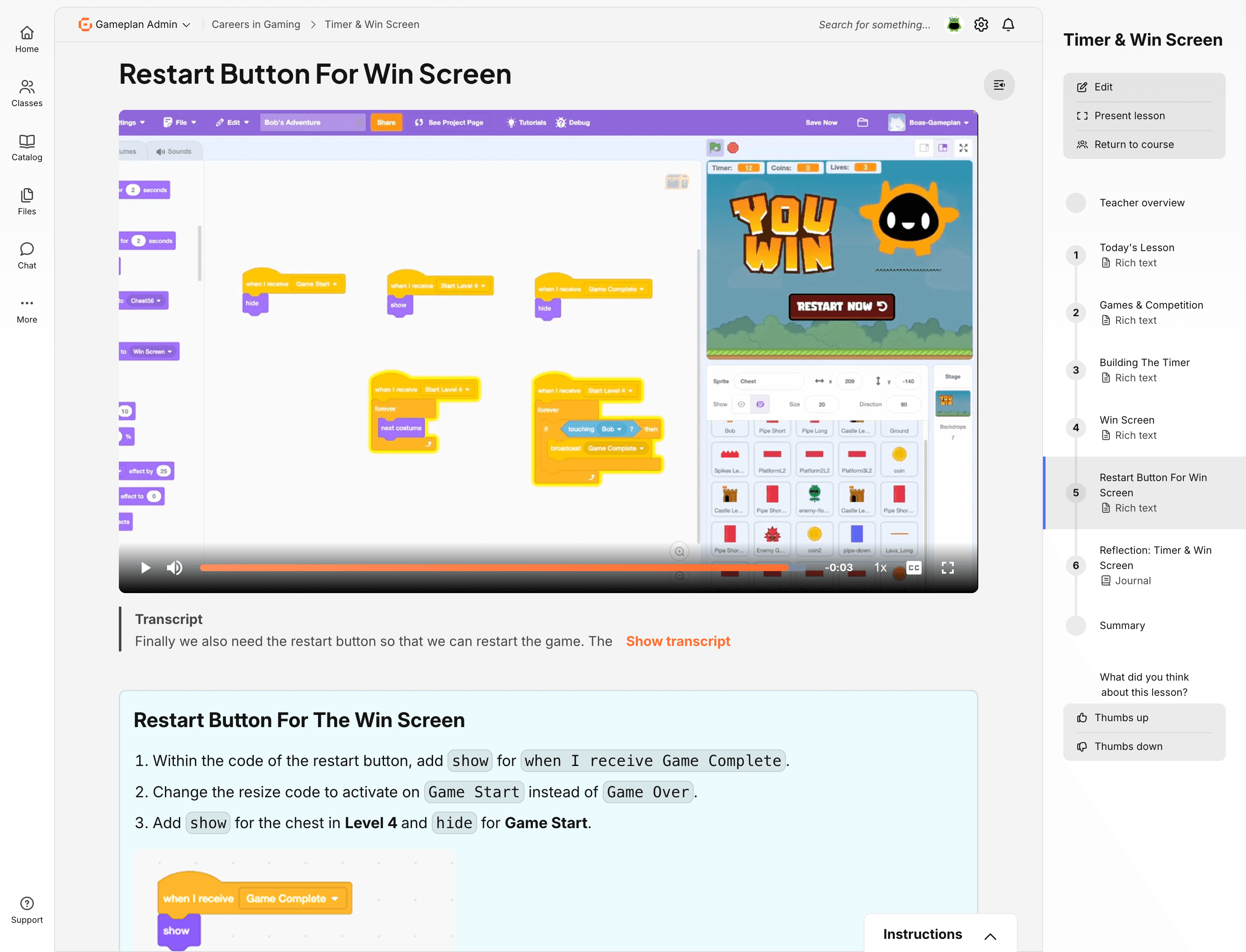 A screenshot of a Gameplan lesson.
