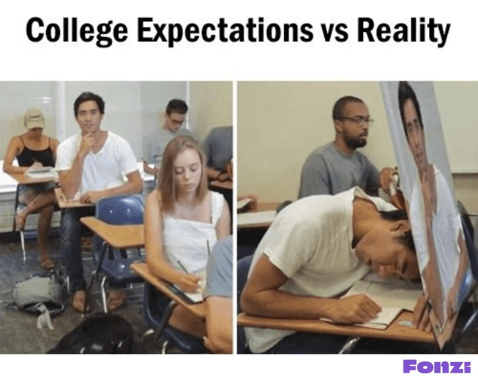 Meme comparing college expectations of attentive classroom learning with the reality of student exhaustion.