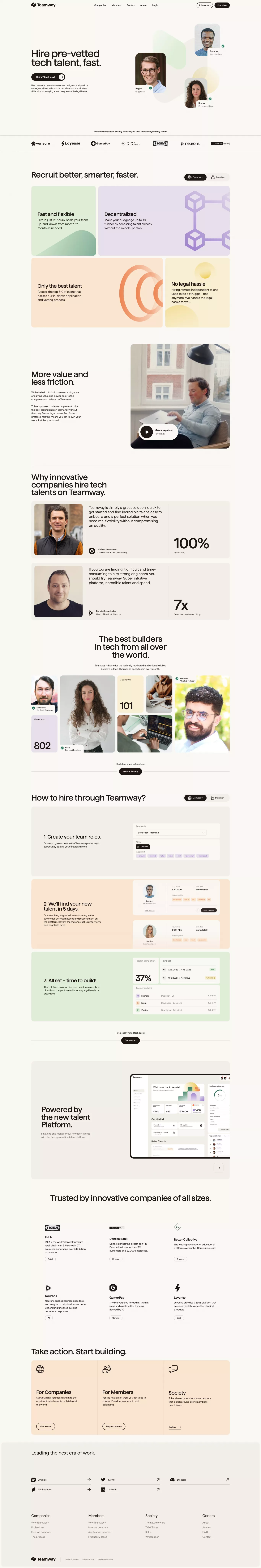 Teamway landing page screenshot showcasing HR and Tech design