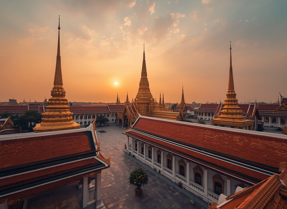 Golden spires and ornate rooftops of the Grand Palace in Bangkok at sunset