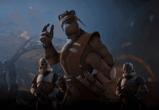 General Pong Krell with his hand in the air in front of two clone troopers