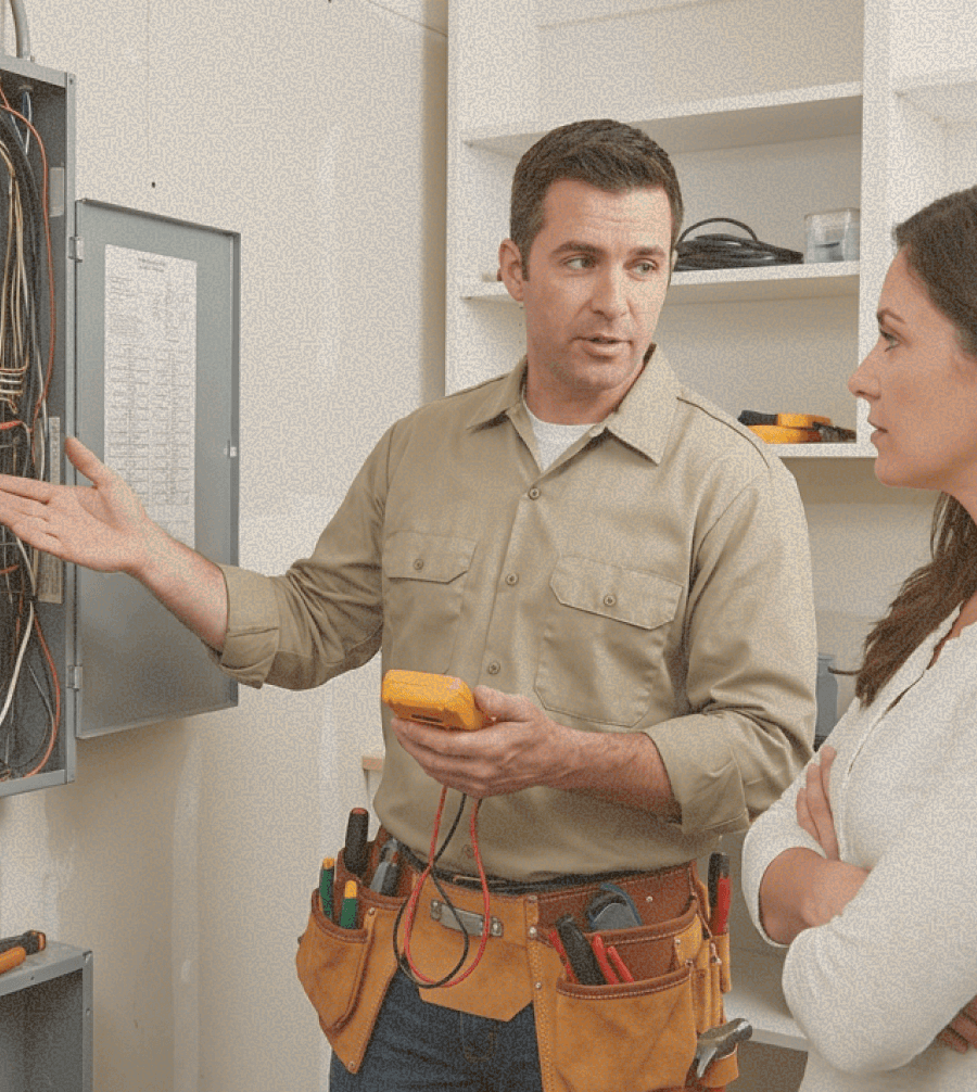 Electrician showing a woman an electrical panel.