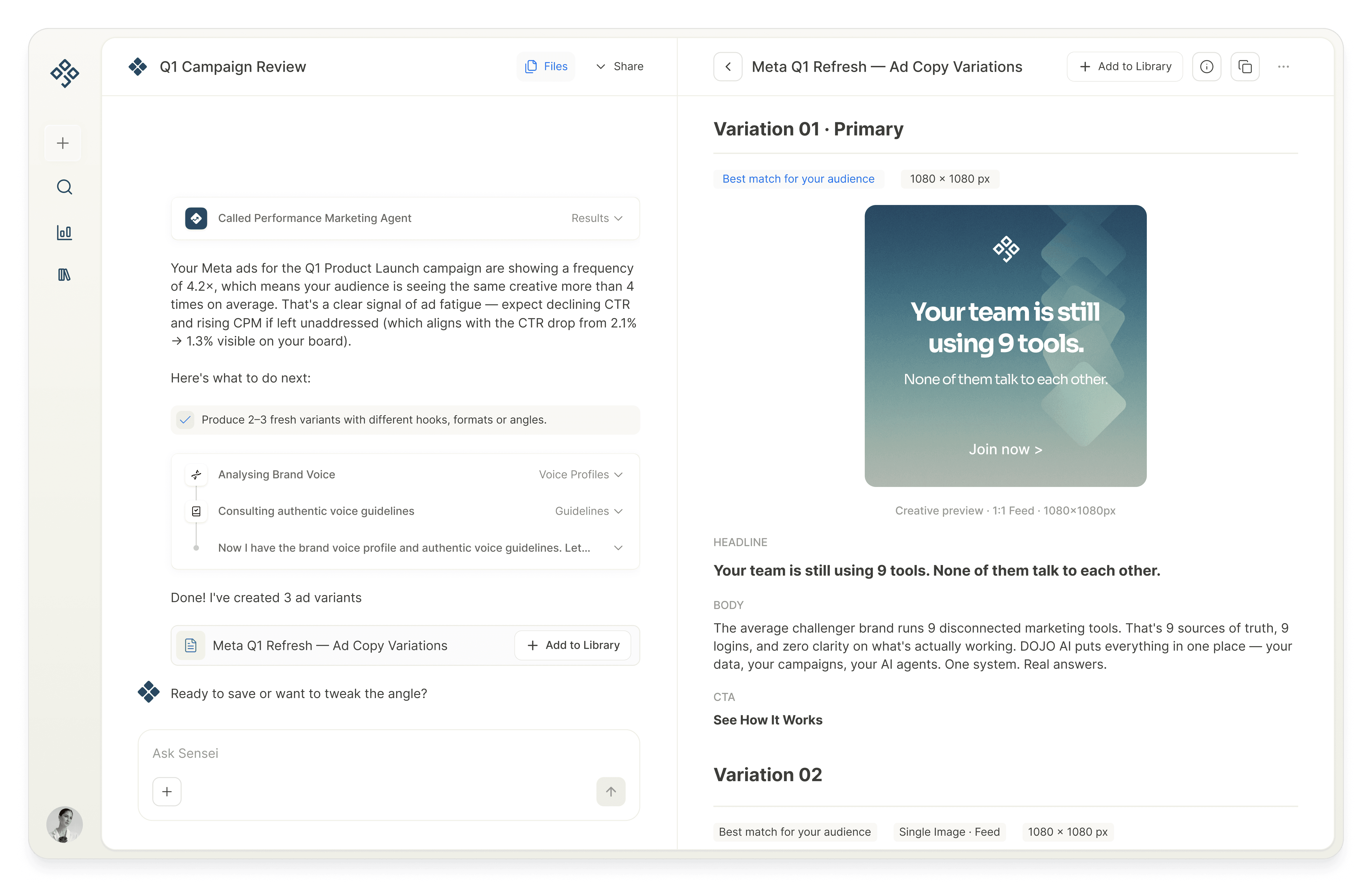 "Context Layer" DOJO AI conversation view alongside a generated Meta ad creative preview. The AI agent analyzes ad fatigue, consults brand voice profiles and guidelines, then produces ready-to-use ad copy variations at 1080×1080px with headline, body text, and CTA — all saved and linked to the original campaign review.