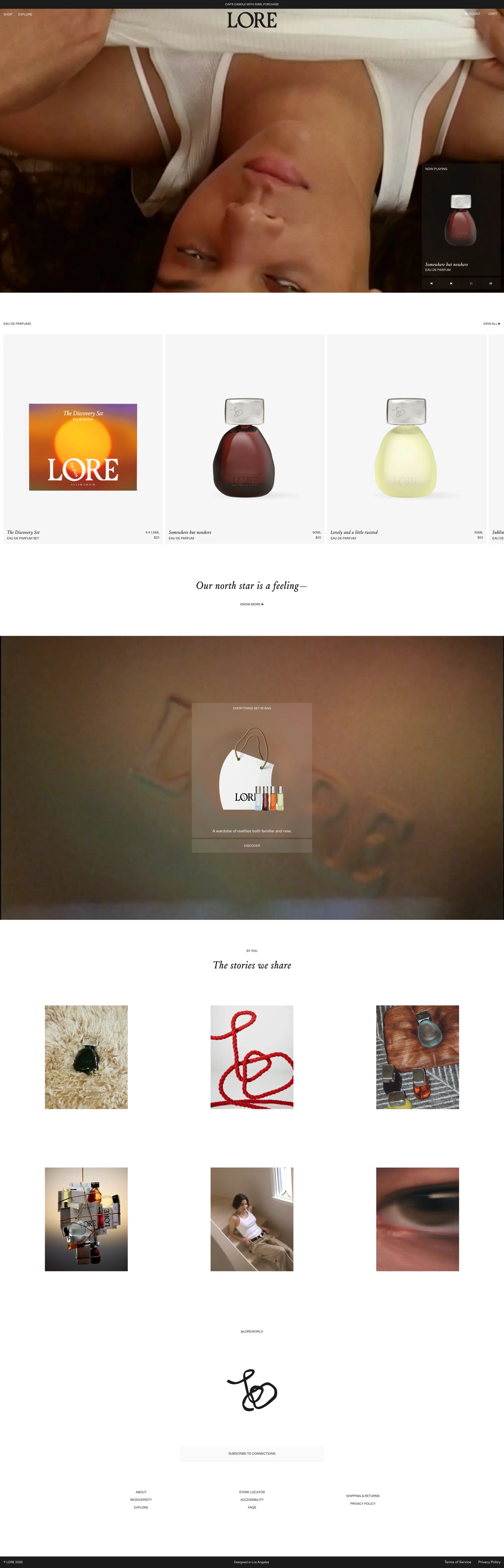 LORE - Scents that take you somewhere. ecommerce page screenshot showcasing Beauty and Ecommerce design
