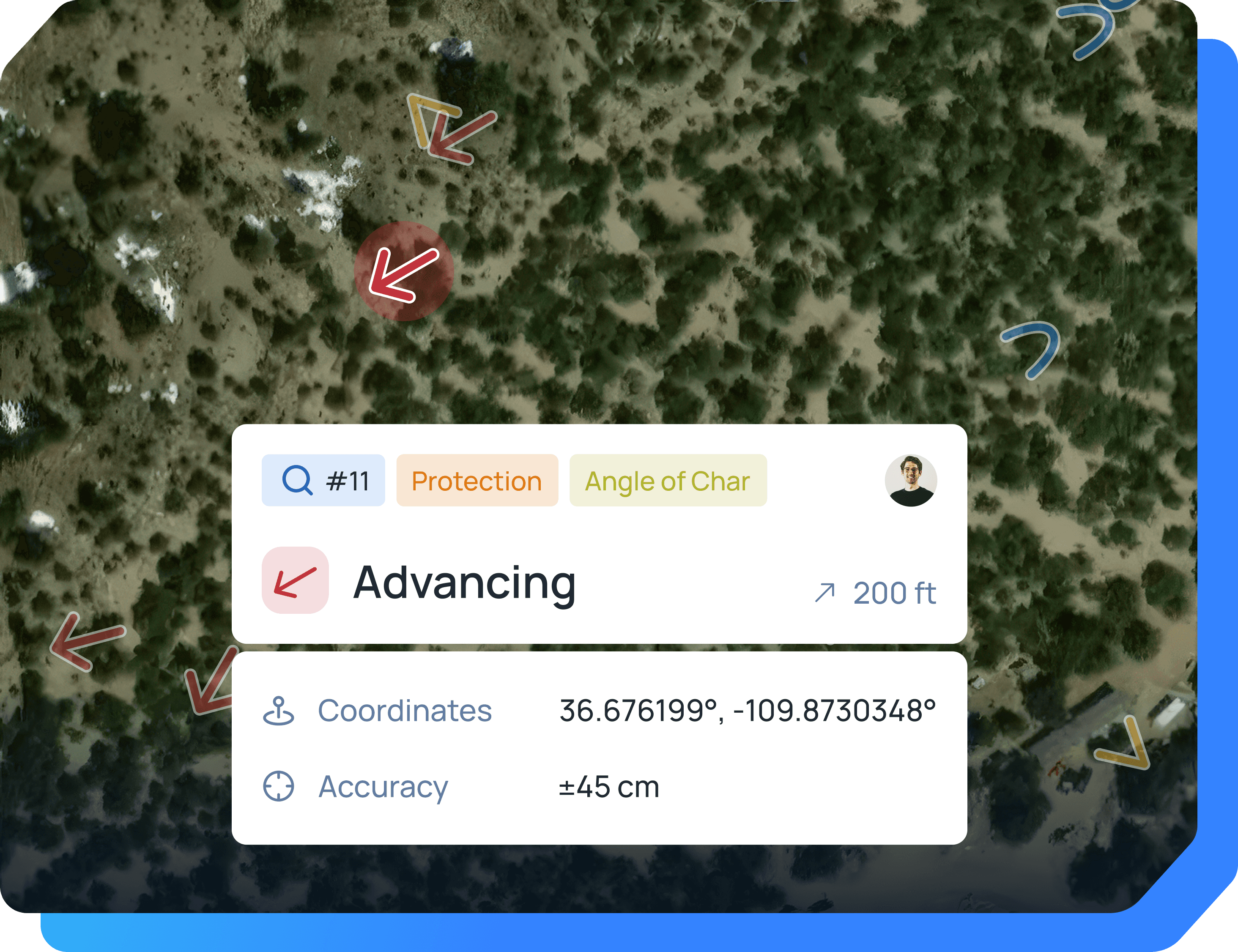 Satellite view of a wooded area with red, yellow, and blue arrows marking different directions and buildings on the right.