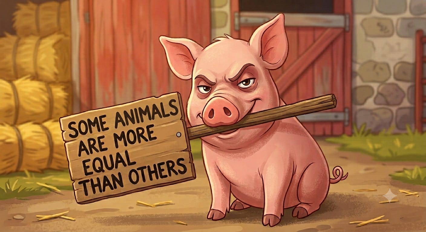 Animal Farm pig holding "Some animals are more equal than others" sign