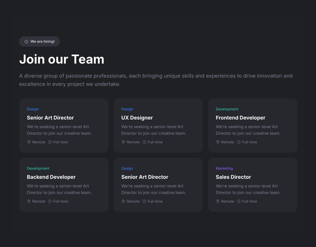 Framer Dark Career Jobs Section - Frameblox UI