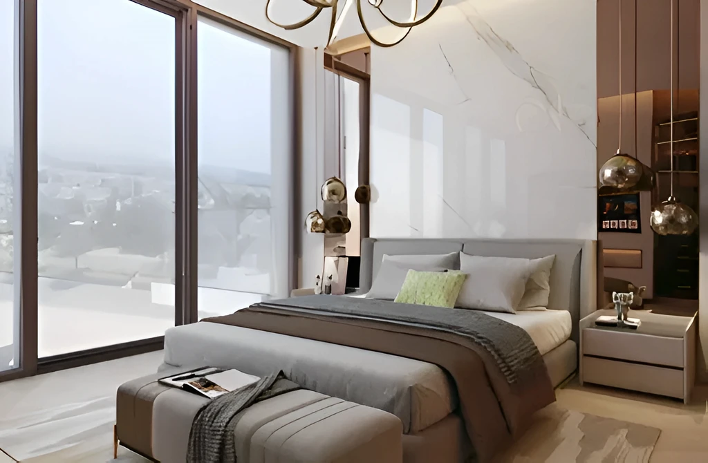 A stylish modern bedroom with a bed, couch, and table, reflecting the aesthetic of Living Legends 5.