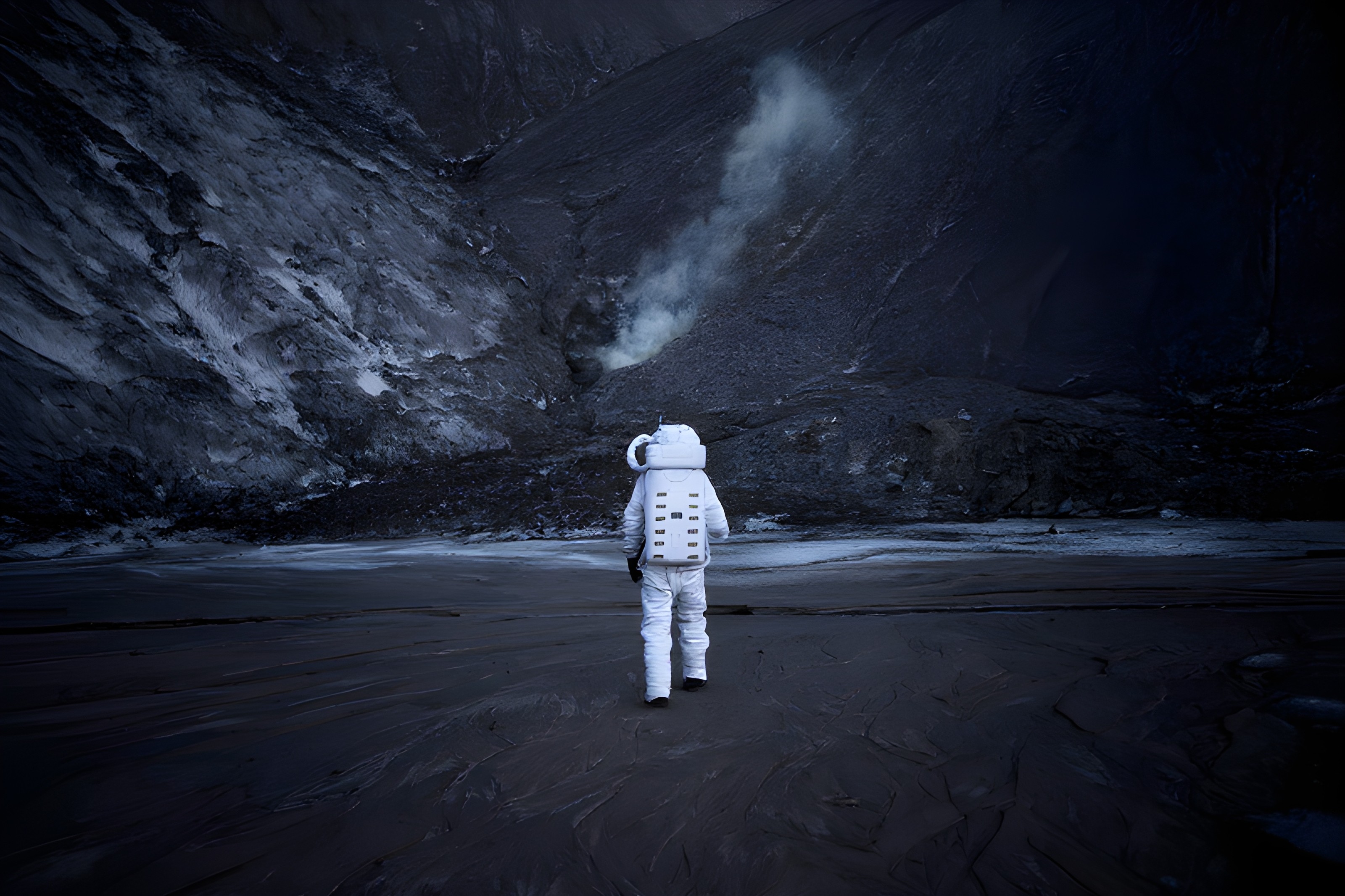 a person wearing a helmet and a cloak with a plain gradient background