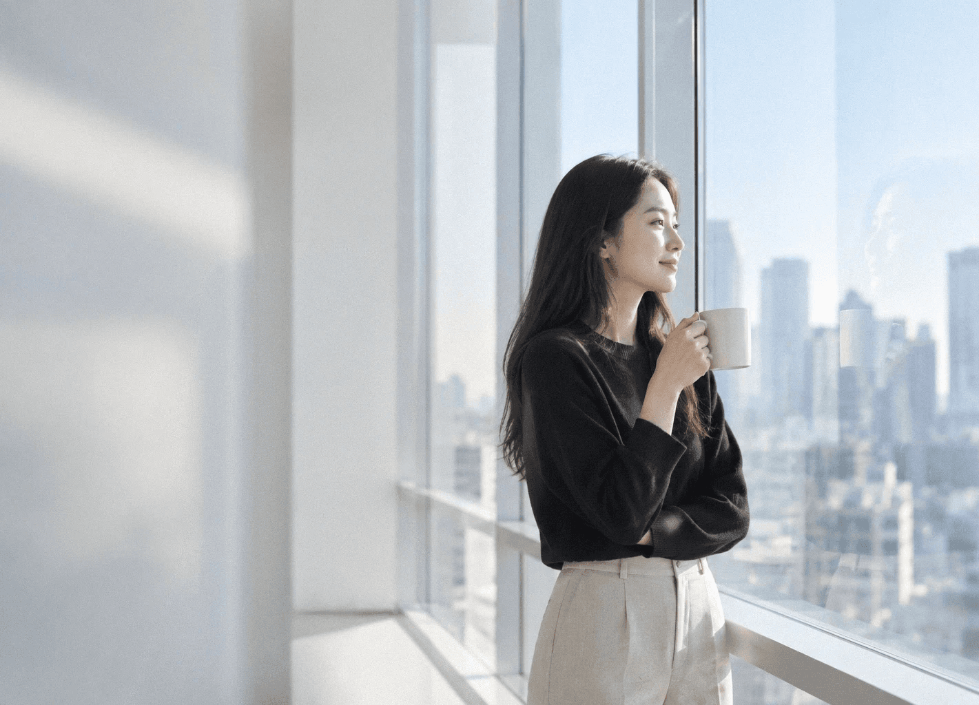 밝은 실내에서 여성이 커피잔을 들고 창밖을 바라보는 모습