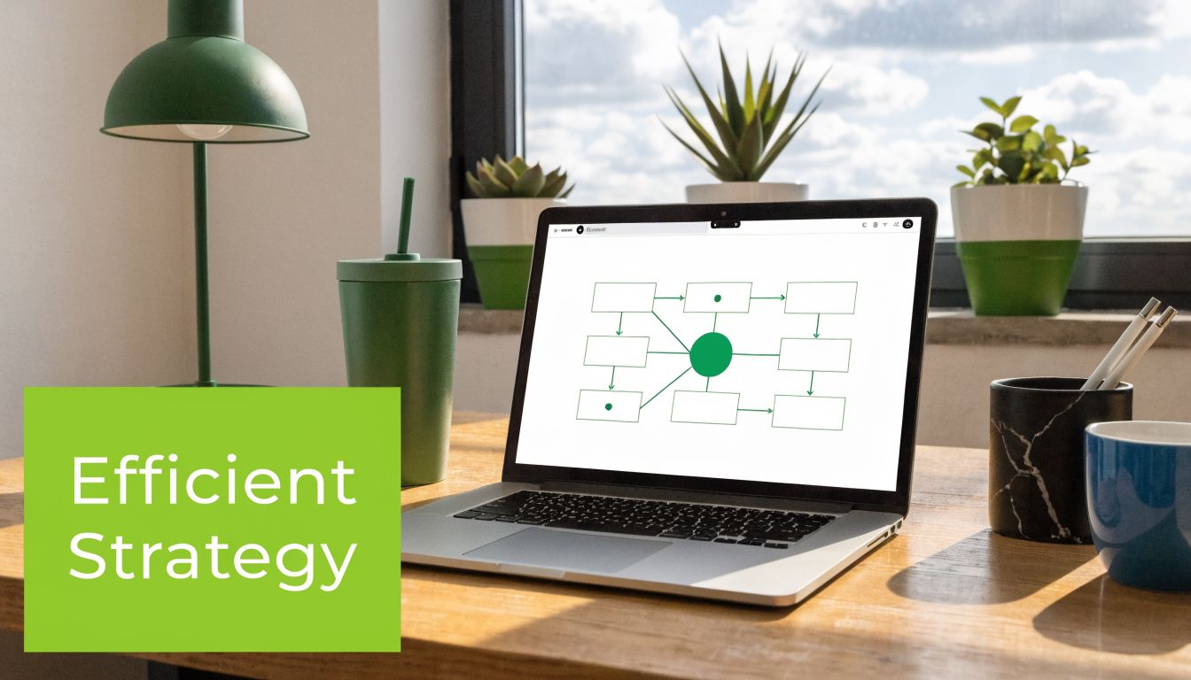 A laptop on a wooden desk displaying a strategy diagram next to a green cup and lamp.