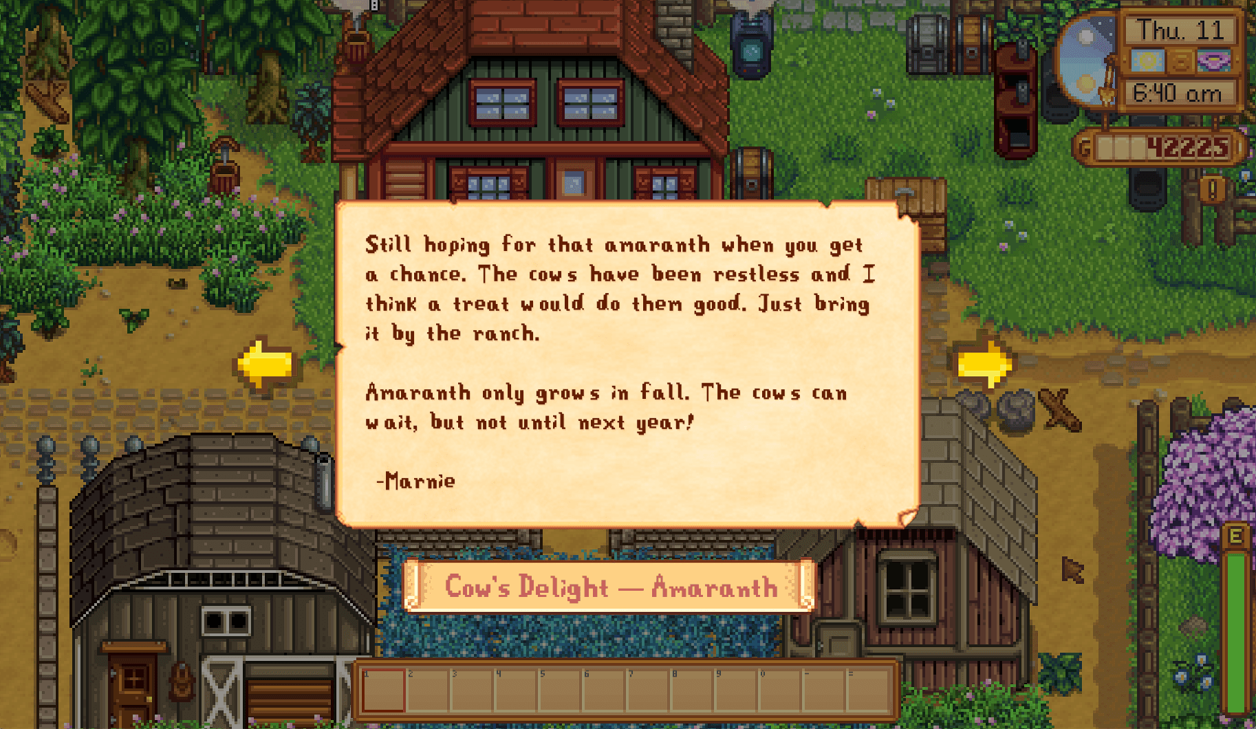 In-game letter with the “Cow’s Delight — Amaranth” banner.