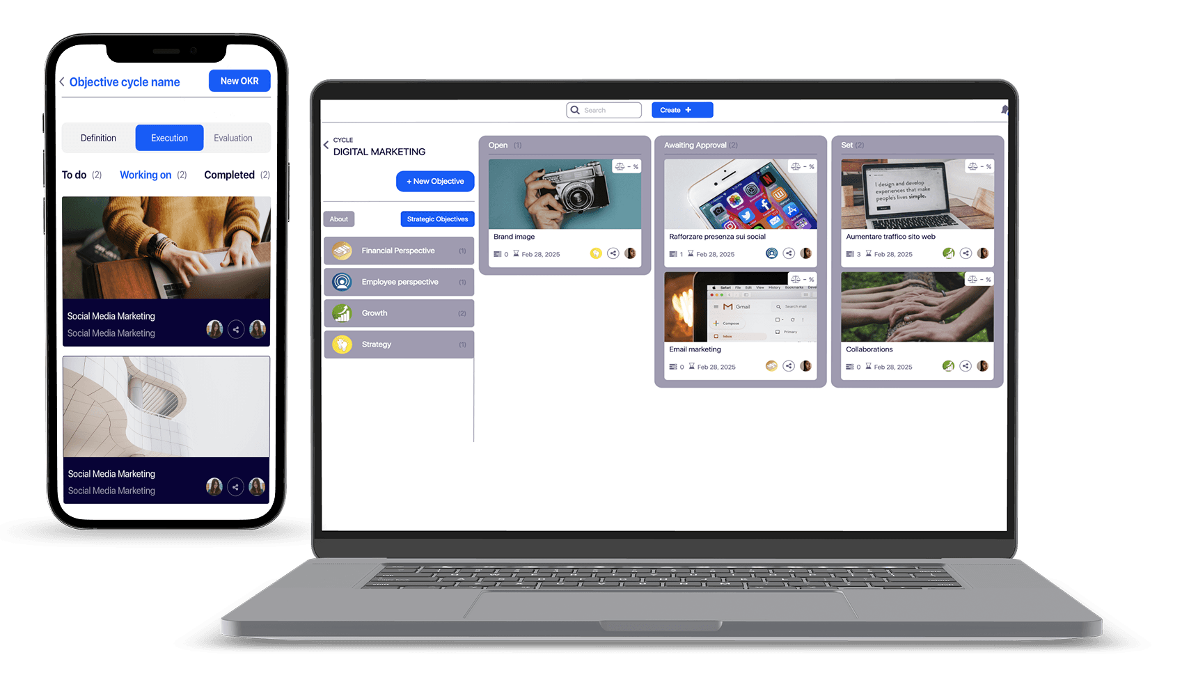PatPat360 platform showing OKRs and performance reviews on desktop and mobile