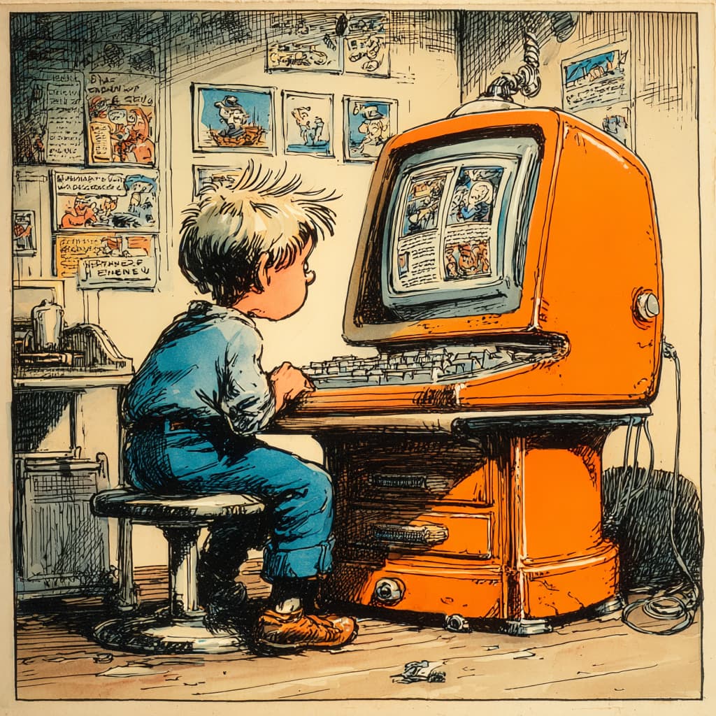 eine karikatur eines Kindes das einem Pc sitzt und sich etwas anschaut