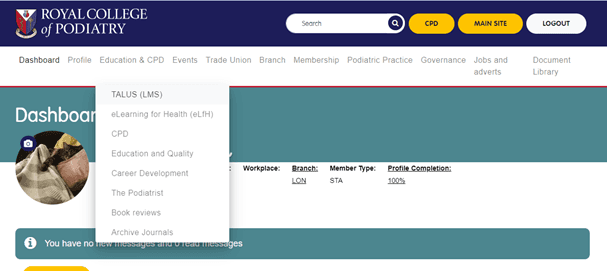 Screengrab of the members area of the website showing a drop down called "Education & CPD" where the cursor is hovering over TALUS within the drop down menu. 