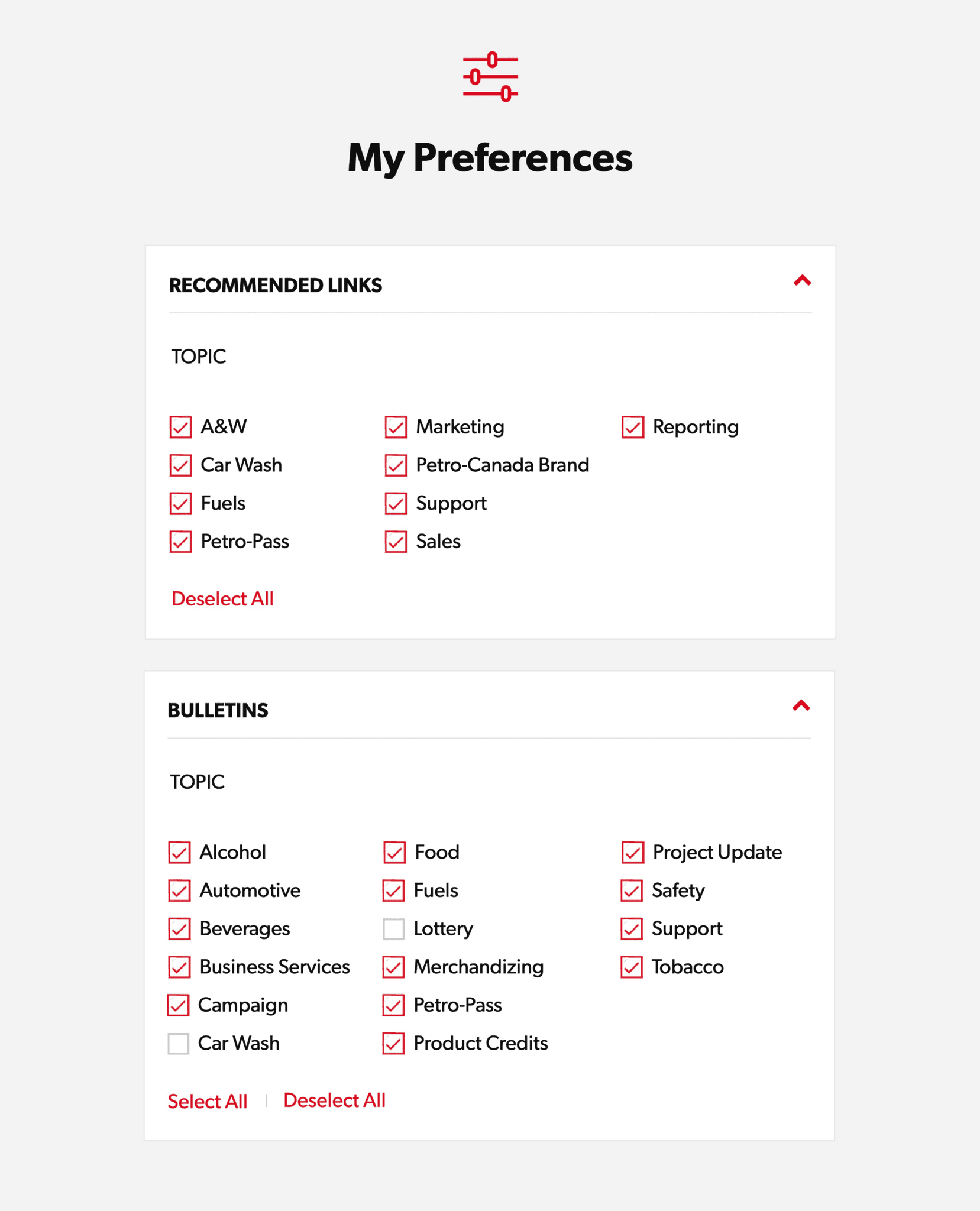 Image showing the new 'My Preferences' feature, where users can select their preferred topics from bulletins and recommended links.