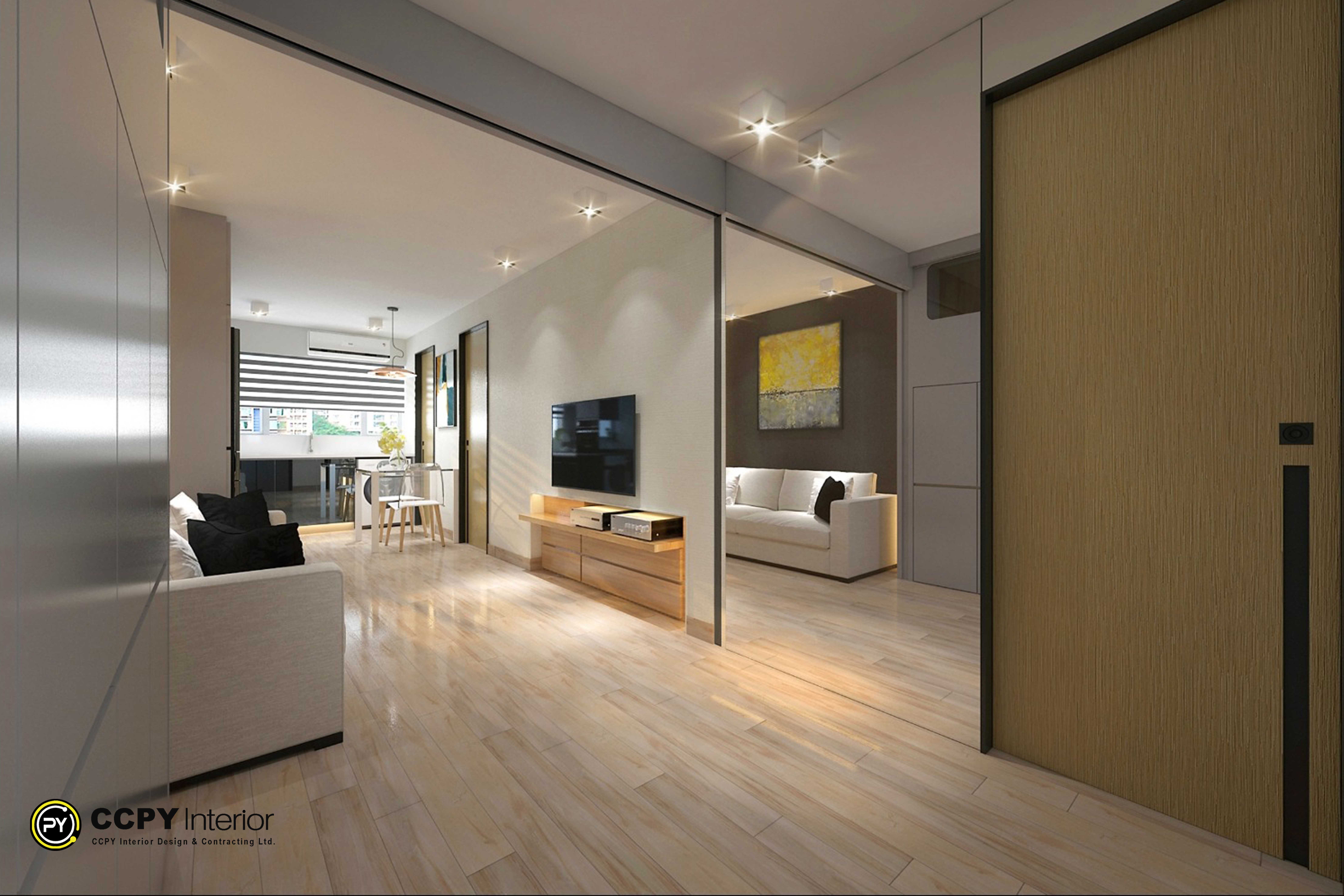 This is a residential interior design project for a public housing unit in Pok Hong Estate, Hong Kong.The design was completed by CCPY Interior Design & Contracting Limited.It features a modern theme utilizing gray tones and wood textures.The layout was reconfigured to include a large open kitchen in the balcony area.The space incorporates functional elements like a large storage platform bed and a bathroom with a glass shower screen