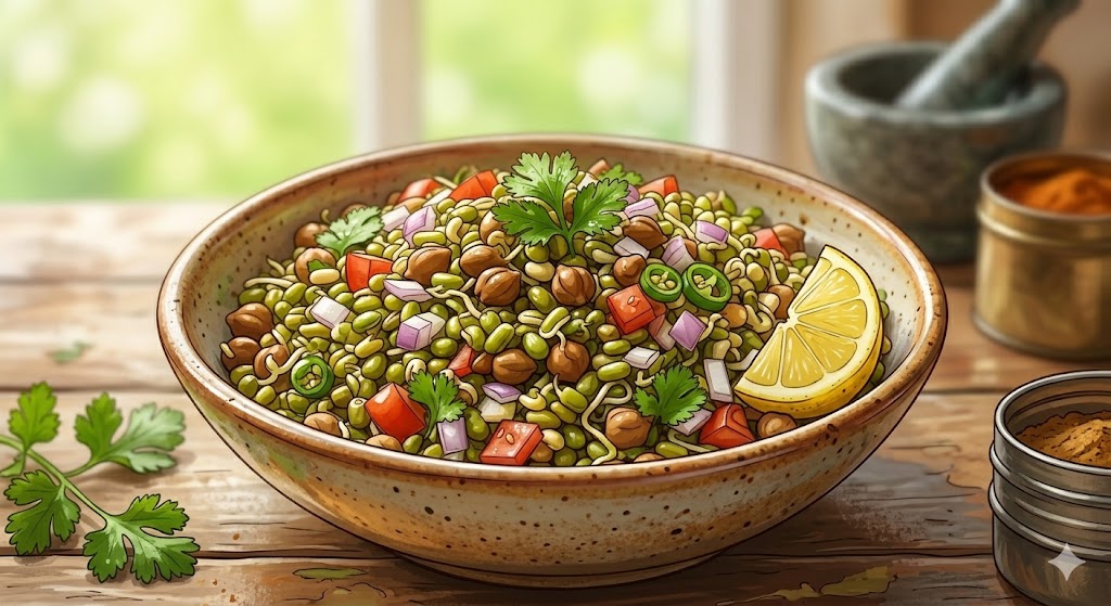 A healthy Indian green gram sprouts salad (Moong Sprout Salad) with chopped onions, tomatoes, coriander, green chilies, and a lemon wedge, served in a rustic ceramic bowl on a wooden table.