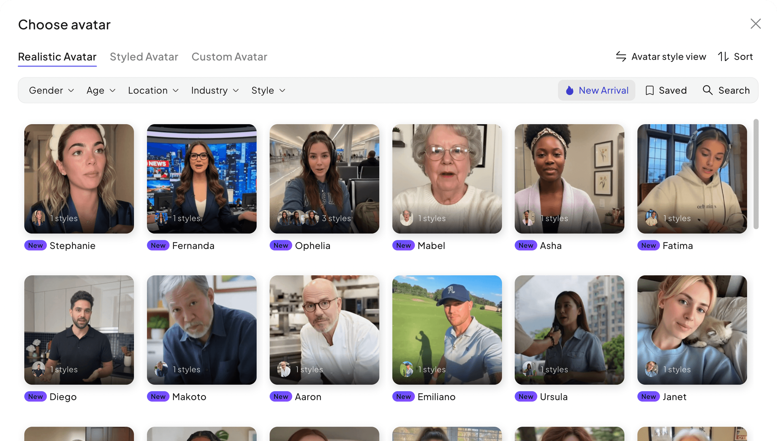 A "Choose avatar" menu featuring a grid of diverse human portraits like "Stephanie," "Fernanda," and "Diego."