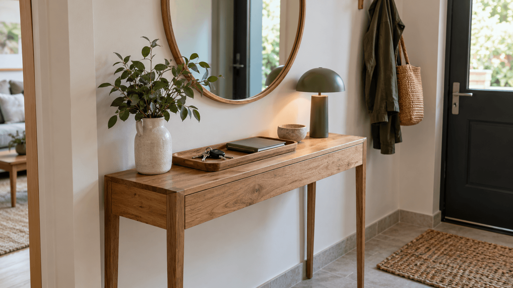Une console étroite dans une entrée accueille un plateau avec des clés et un carnet, sous un miroir rond.