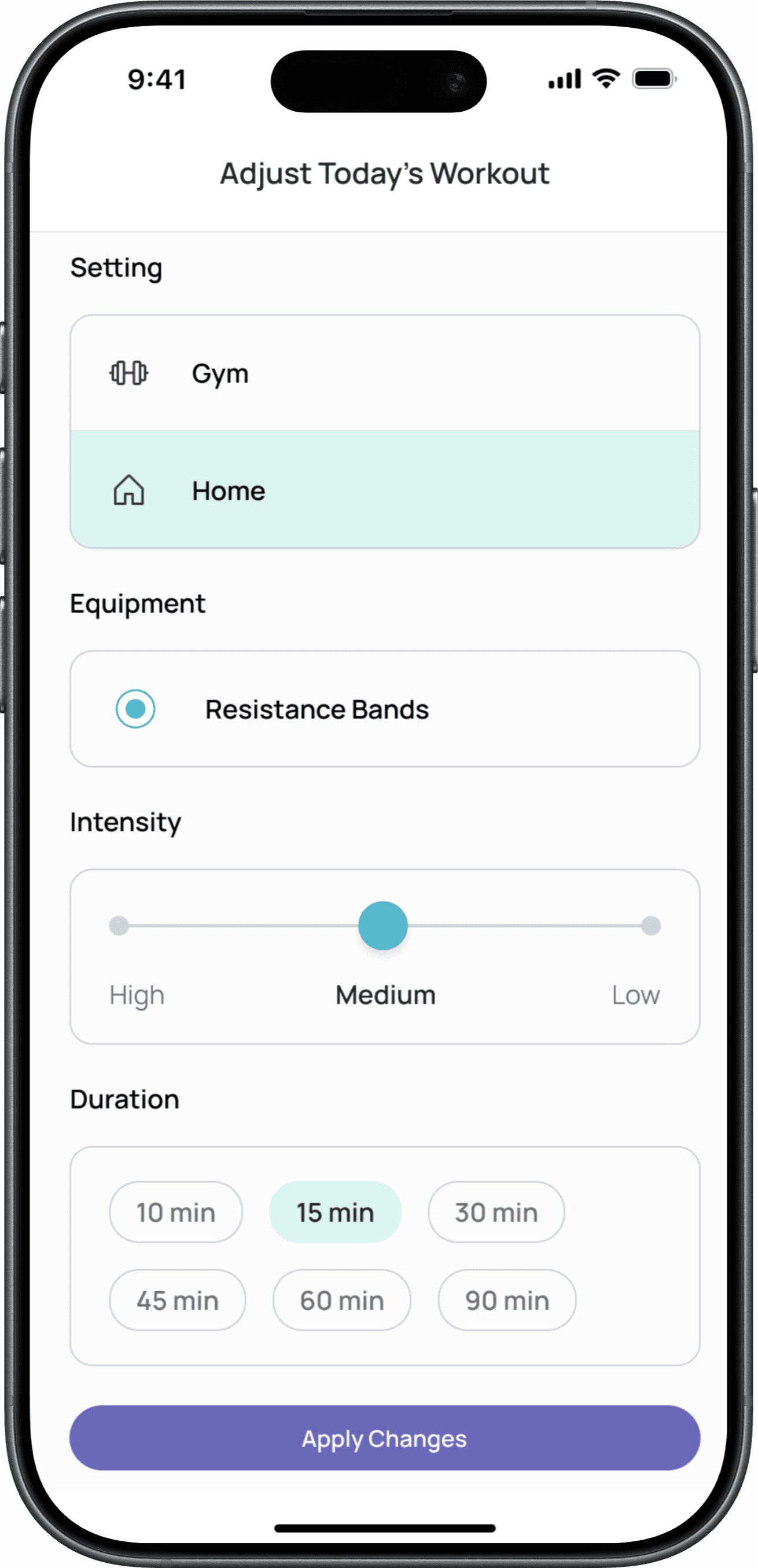 workout setup change screen mockup