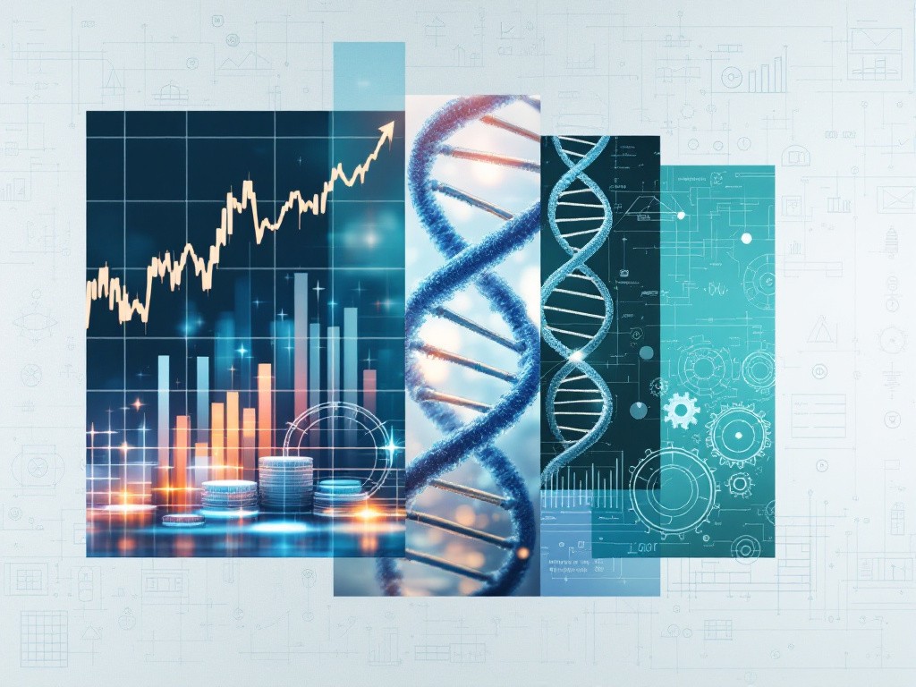 Collage of applications - finance graphs, biological patterns, engineering designs