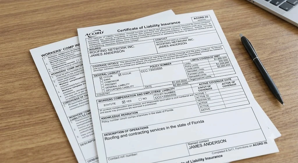 Certificate of insurance showing general liability and workers compensation coverage for a roofing contractor