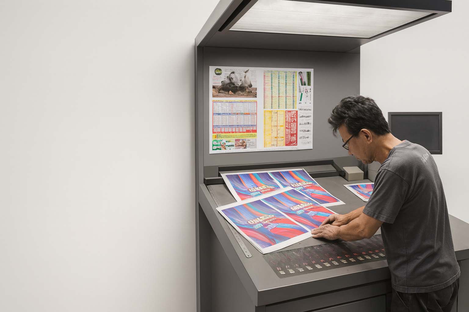 Sarpac technician inspecting offset print quality on a Mitsubishi press in Sarawak.