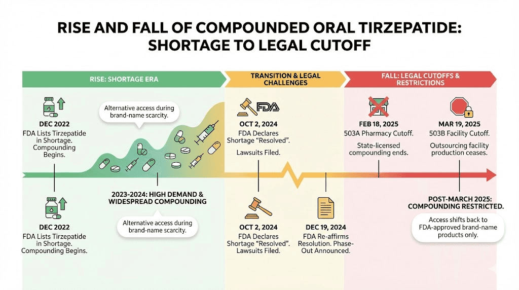 Timeline of oral tirzepatide compounding pharmacy regulations and FDA actions